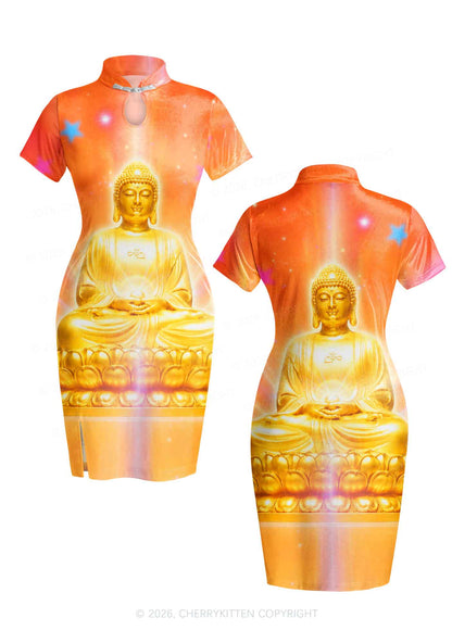 Golden Buddha Y2K Cheongsam Mini Dress Cherrykitten