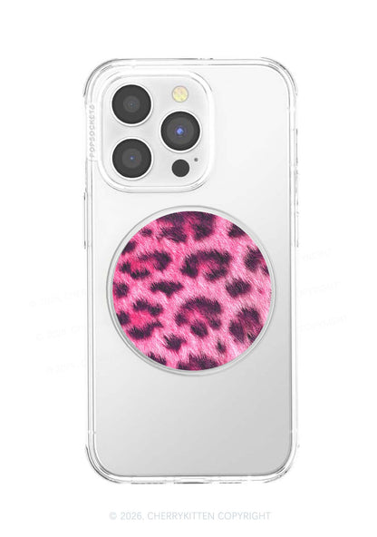 Hot Pink Fuzzy Leopard Y2K Magnetic Phone Grip Holder Cherrykitten