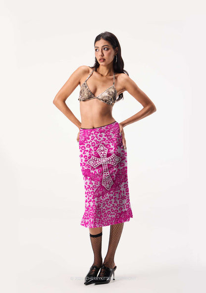 Halloween Pink Leopard Bat Cross Y2K Print Midi Skirt Cherrykitten