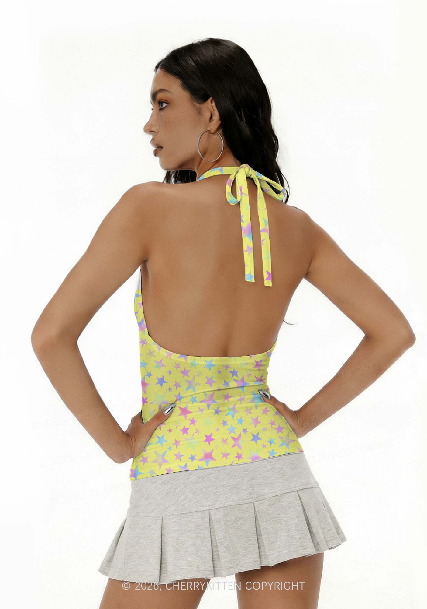 Pale Yellow Alpha Male Pride Y2K Print Halter Deep V Neck Cami Cherrykitten