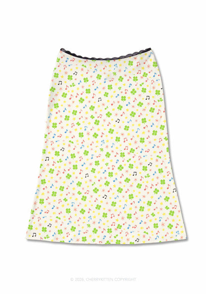 Music Notes Clover Stars St Patricks Y2K Print Midi Skirt Cherrykitten