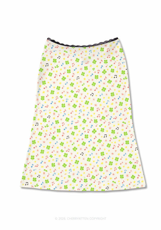 Music Notes Clover Stars St Patricks Y2K Print Midi Skirt Cherrykitten