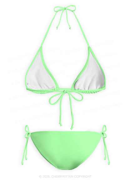 Lime Green Plain Y2K Print Bikini Set Cherrykitten