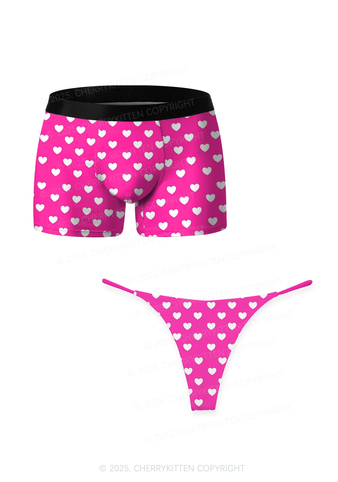 White Heart On Pink Valentine's Day Y2K Print Couples Boxer Thong Set Cherrykitten