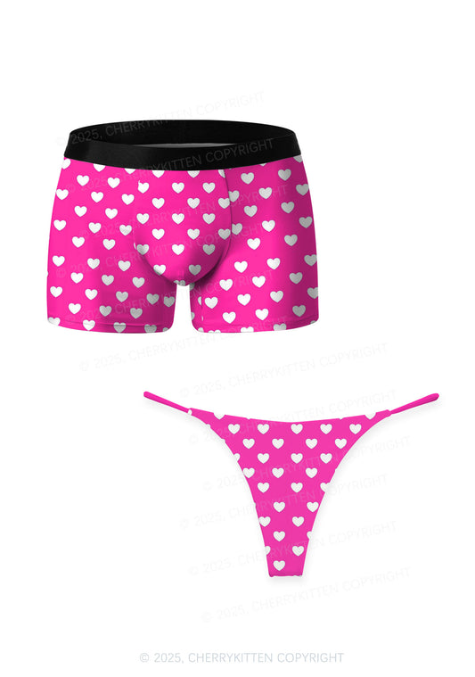 White Heart On Pink Valentine's Day Y2K Print Couples Boxer Thong Set Cherrykitten