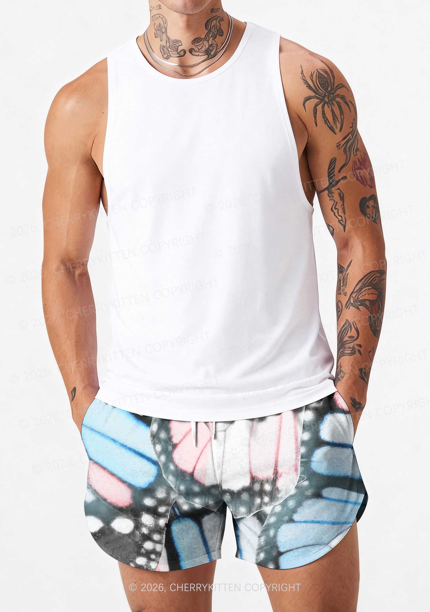 Trans Butterfly Wing Pride Y2K Print Men Beach Shorts Cherrykitten