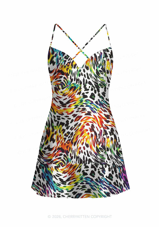 Rainbow Leopard Pride Y2K Print Satin Cowl Neck Slip Dress Cherrykitten