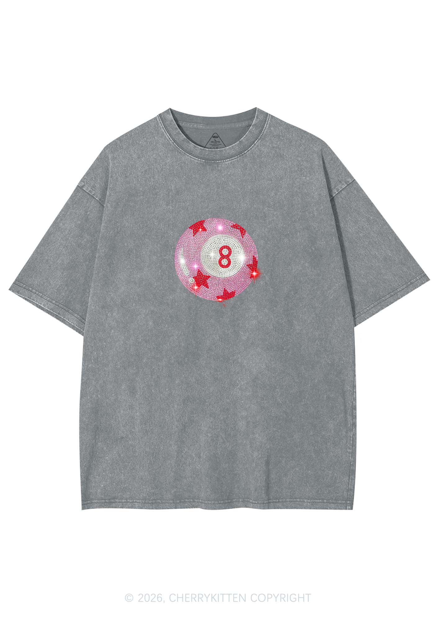Rhinestone Pink Eight Ball Star Y2K Shirts Washed Tee Cherrykitten