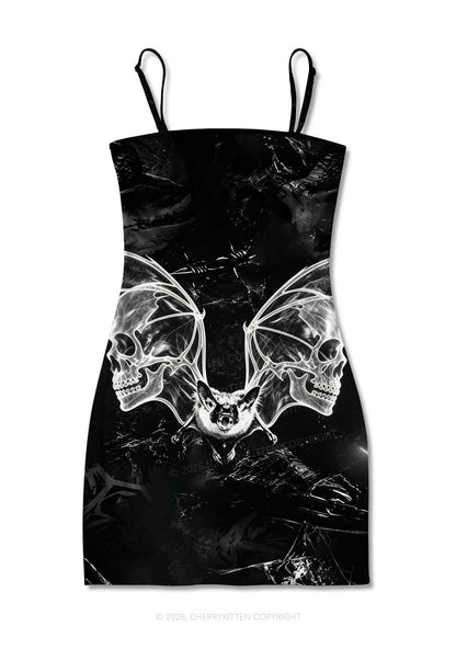 Halloween Bat Skeleton Wings Y2K Print Slip Dress Cherrykitten