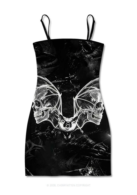 Halloween Bat Skeleton Wings Y2K Print Slip Dress Cherrykitten