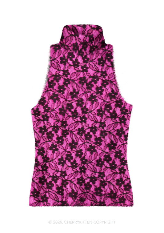 Hot Pink Floral Y2K Knit Turtleneck Tank Top Cherrykitten