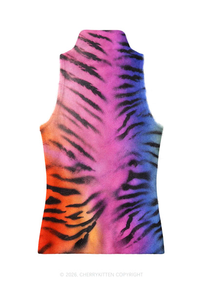 Rainbow Gradient Tiger Stripe Y2K Knit Turtleneck Tank Top Cherrykitten