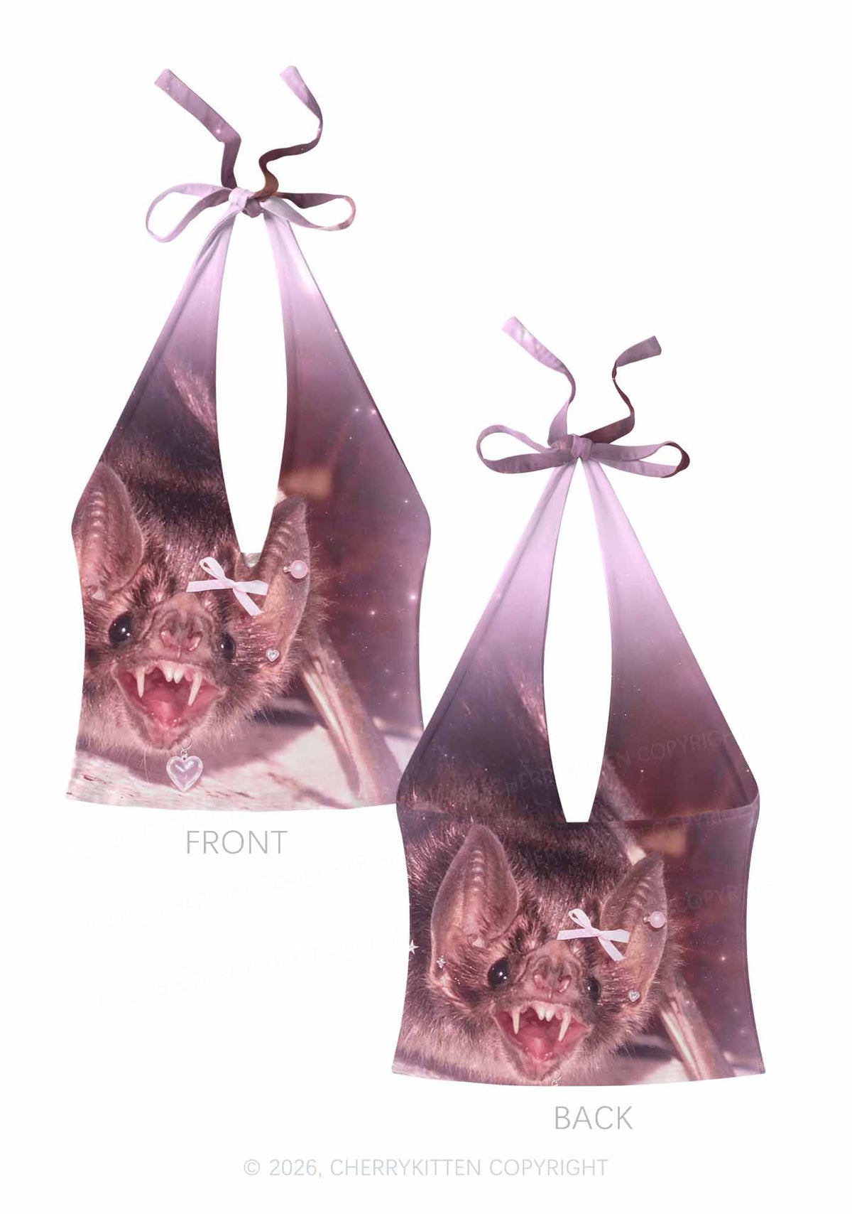 Halloween Pink Bow Bat Y2K Print Halter Deep V Neck Cami Cherrykitten