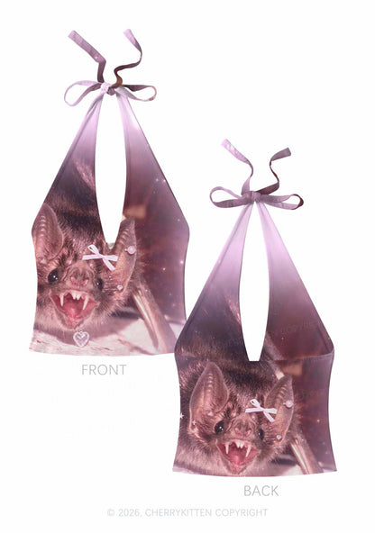 Halloween Pink Bow Bat Y2K Print Halter Deep V Neck Cami Cherrykitten