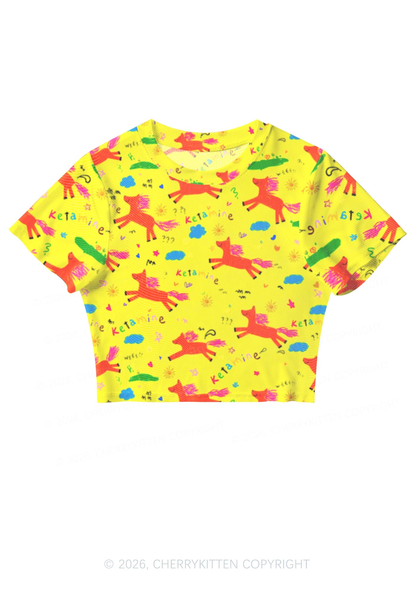 Orange Pony On Yellow Y2K Mesh Crop Top Cherrykitten