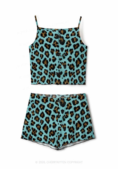 Mint Green Leopard Y2K Print Cami Shorts Pajama Set Cherrykitten