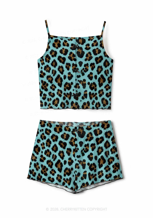 Mint Green Leopard Y2K Print Cami Shorts Pajama Set Cherrykitten