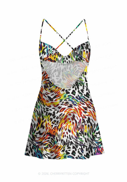 Rainbow Leopard Pride Y2K Print Satin Cowl Neck Slip Dress Cherrykitten