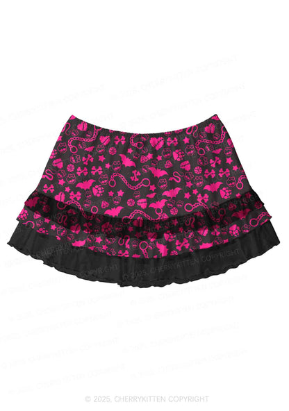 Chains And Bats Valentine's Day Y2K Print Mini Layered Skirt Cherrykitten