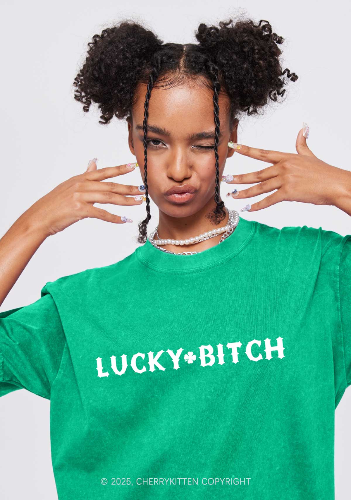 Lucky Bxxch St Patricks Y2K Washed Tee Cherrykitten