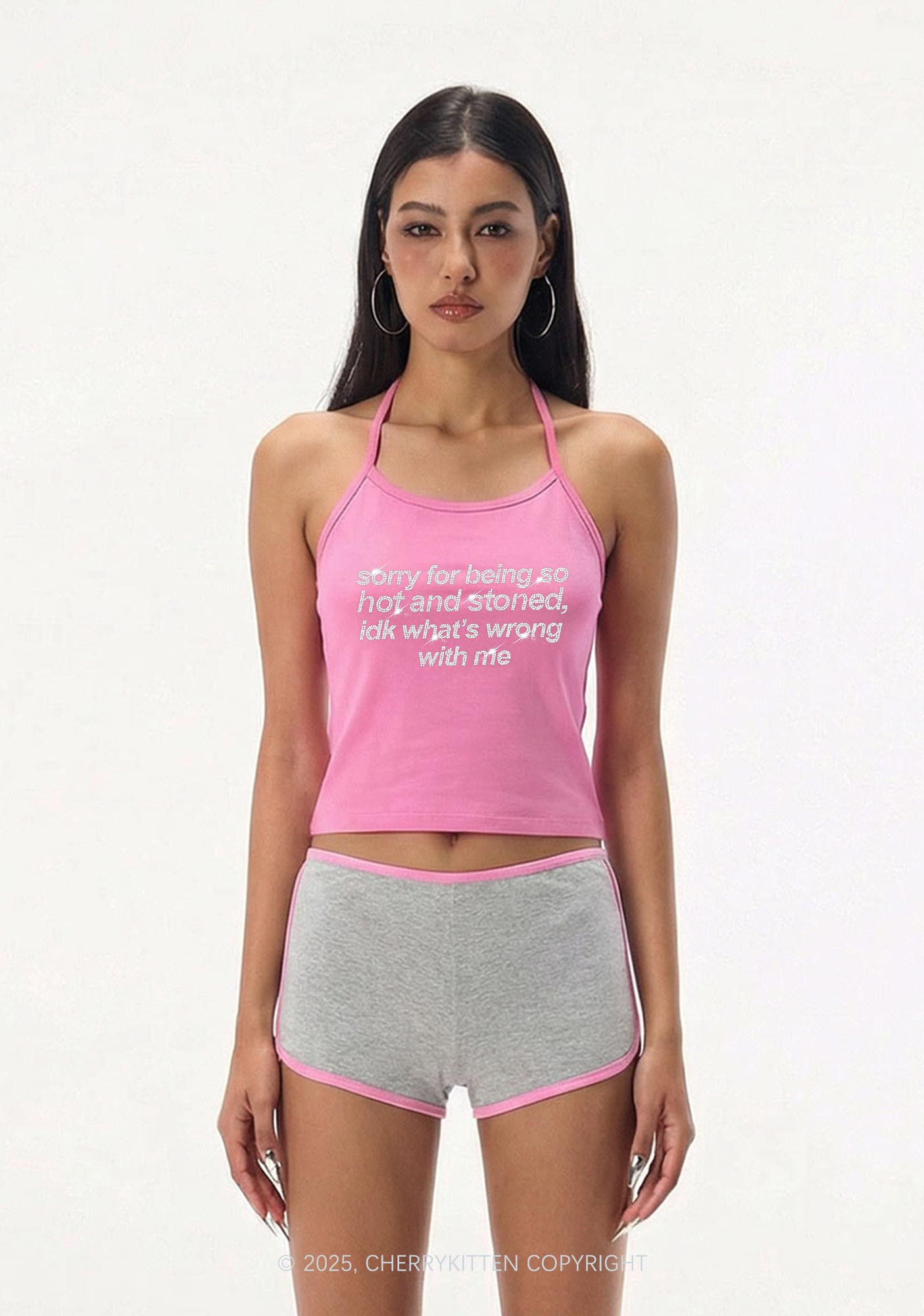 Rhinestone Sorry For Being Hot And Stoned Y2K Halter Neck Cami Cherrykitten
