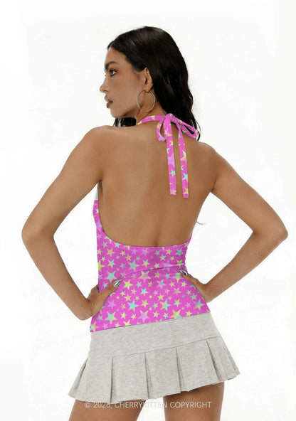 Hot Pink Alpha Male Pride Y2K Print Halter Deep V Neck Cami Cherrykitten