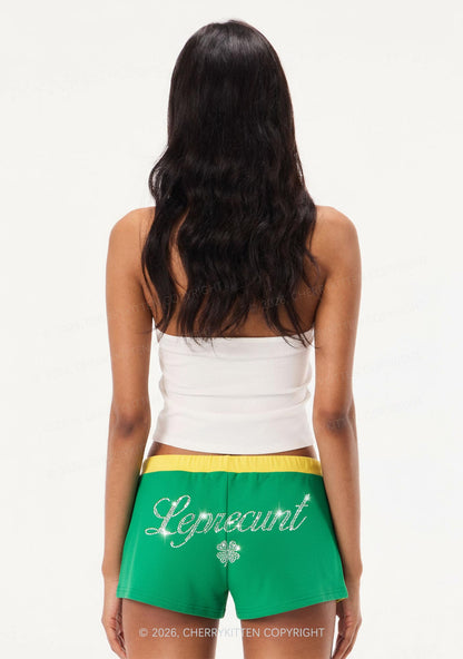 Rhinestone Leprecunt St Patricks Y2K Drawstring Mini Shorts Cherrykitten