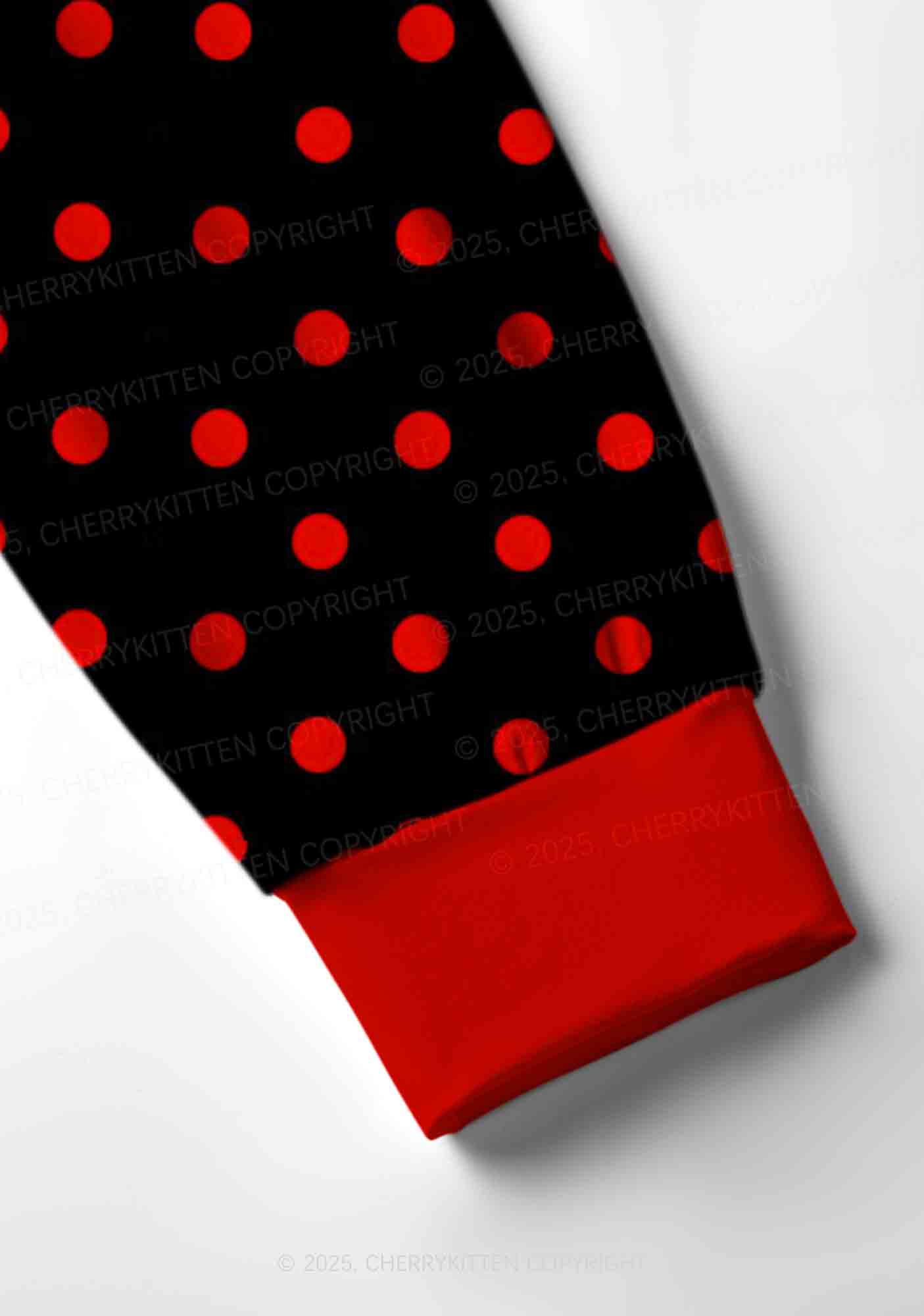 Red Dots On Black Valentine's Day Y2K Print Long Sleeve Pajama Set Cherrykitten