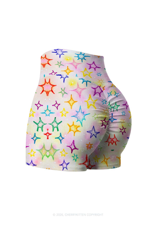 Rainbow Star Y2K Print Gym Shorts Cherrykitten