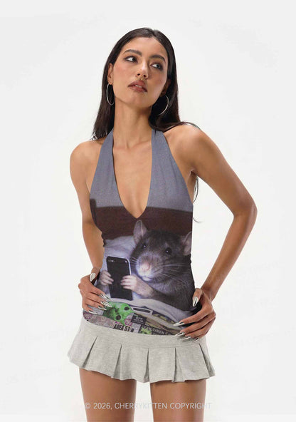 Bed Rat Smartphone Y2K Print Halter Deep V Neck Cami Cherrykitten