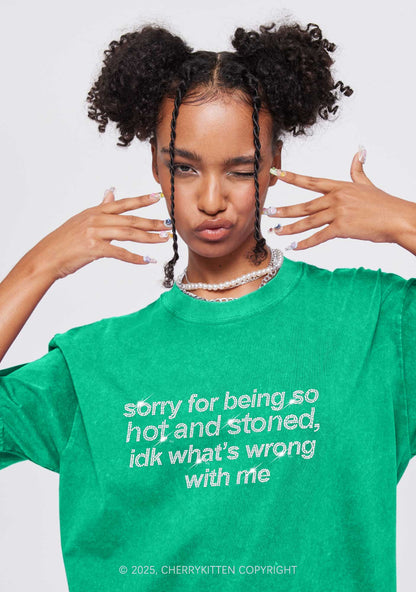 Rhinestone Sorry For Being Hot And Stoned Y2K Shirts Washed Tee Cherrykitten