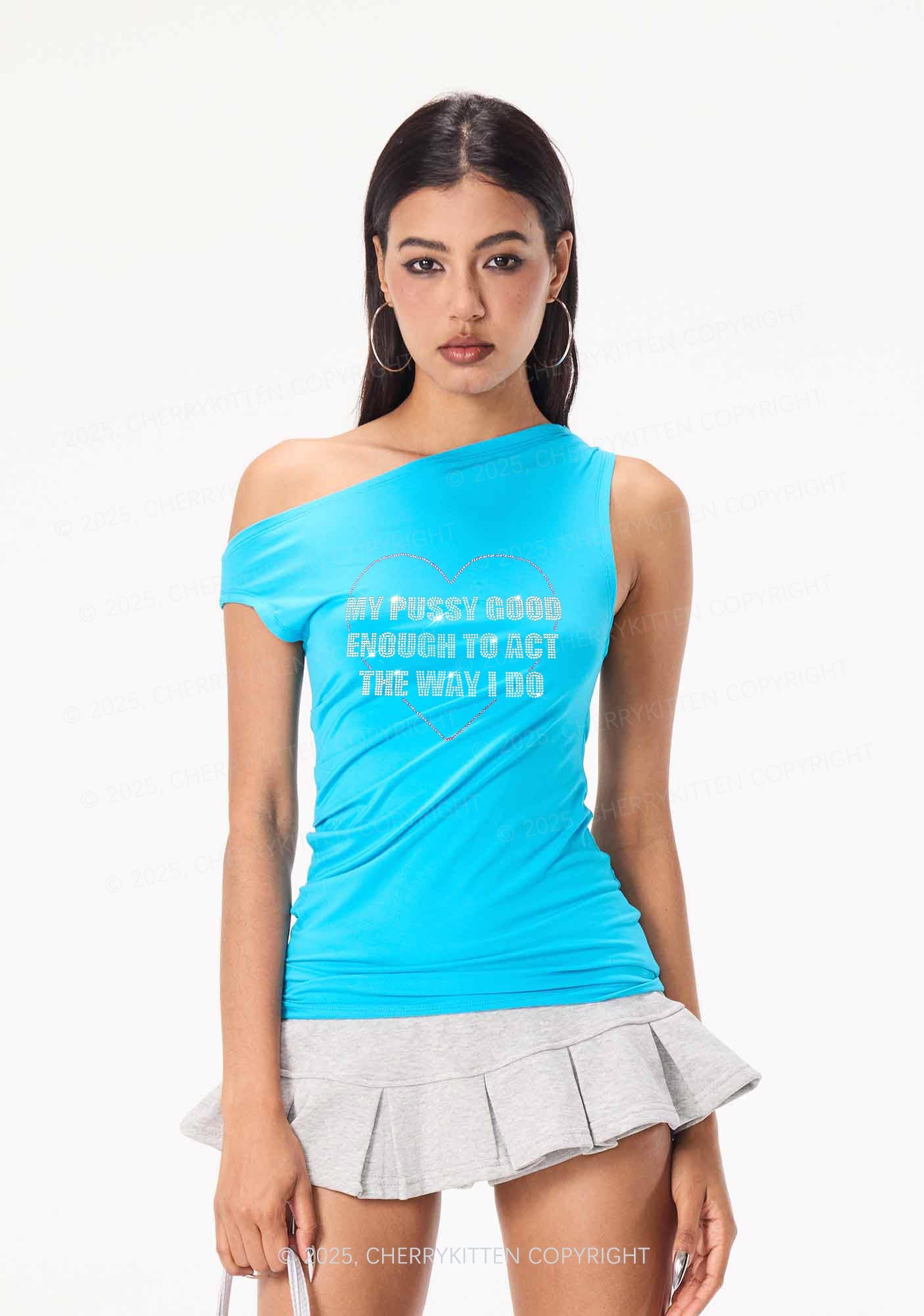 Rhinestone Good Enough To Act Y2K Off Shoulder Tank Top Cherrykitten