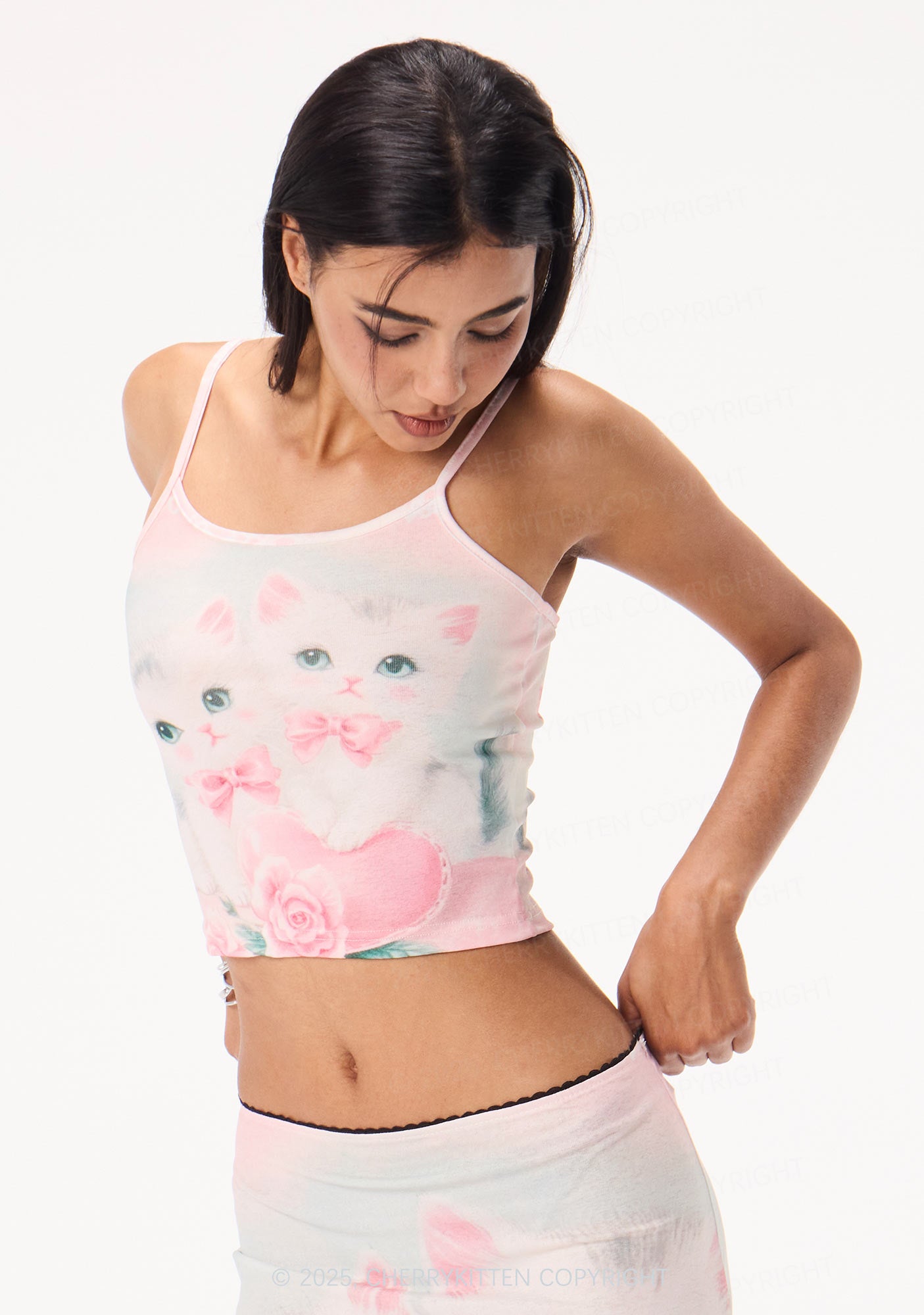 Rose Kitties Y2K Print Cami Crop Top Cherrykitten