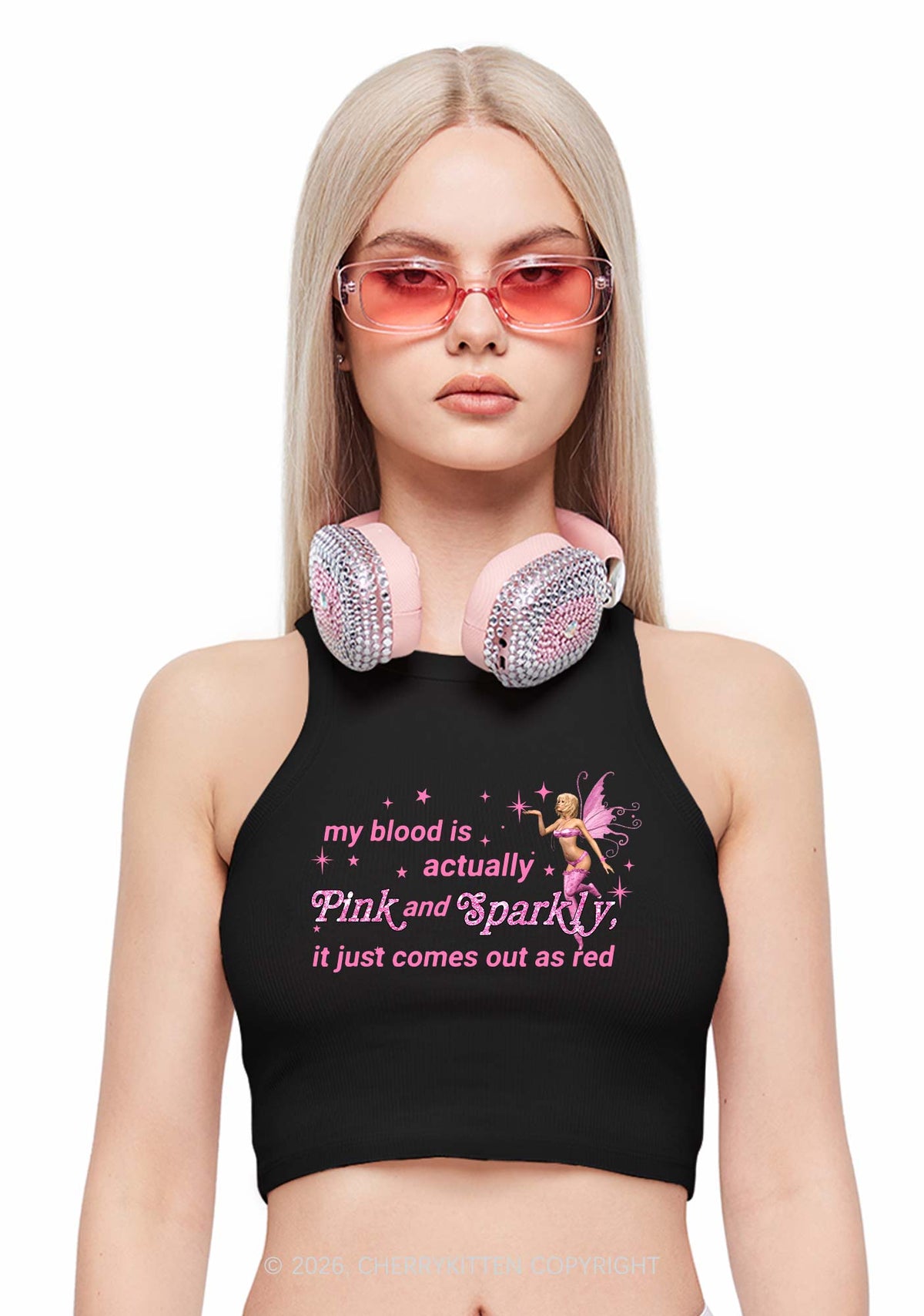 My Blood Is Pink And Sparkly Y2K Crop Tank Top Cherrykitten