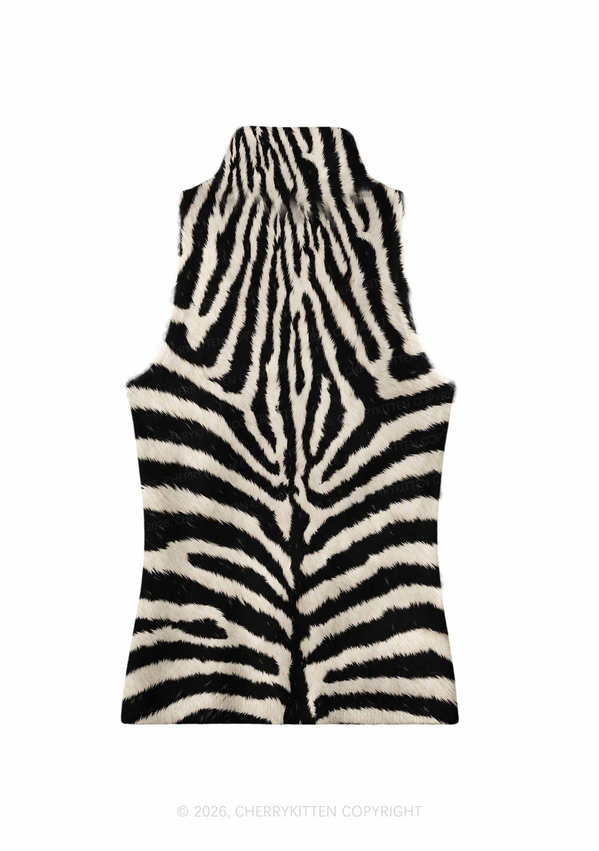 Black And White Zebra Striped Y2K Knit Turtleneck Tank Top Cherrykitten
