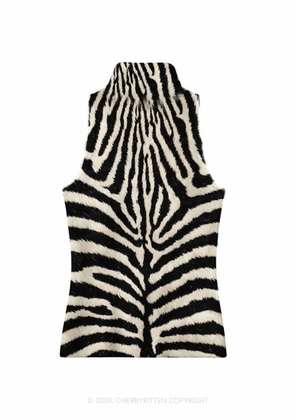 Black And White Zebra Striped Y2K Knit Turtleneck Tank Top Cherrykitten
