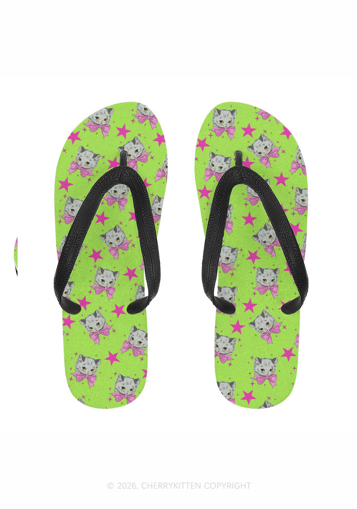 Pink Bow Cats Star Y2K Print Flip Flops Cherrykitten