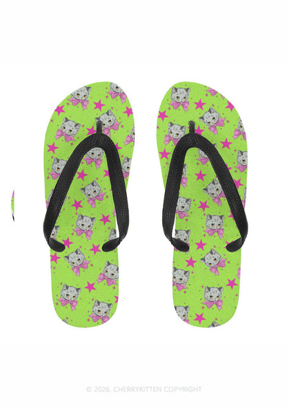 Pink Bow Cats Star Y2K Print Flip Flops Cherrykitten