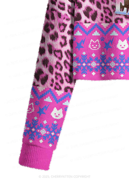 Lesbians Eat What Cat Pride Y2K Christmas Crop Knit Sweatshirt Cherrykitten