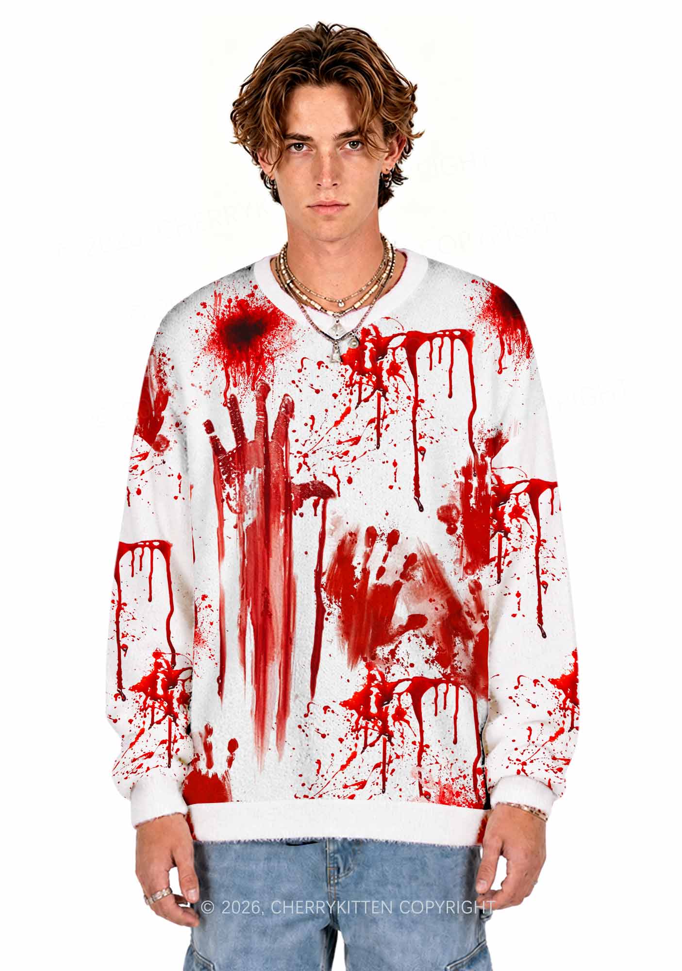 Halloween Bloody Handprint Y2K Knit Sweatshirt Cherrykitten