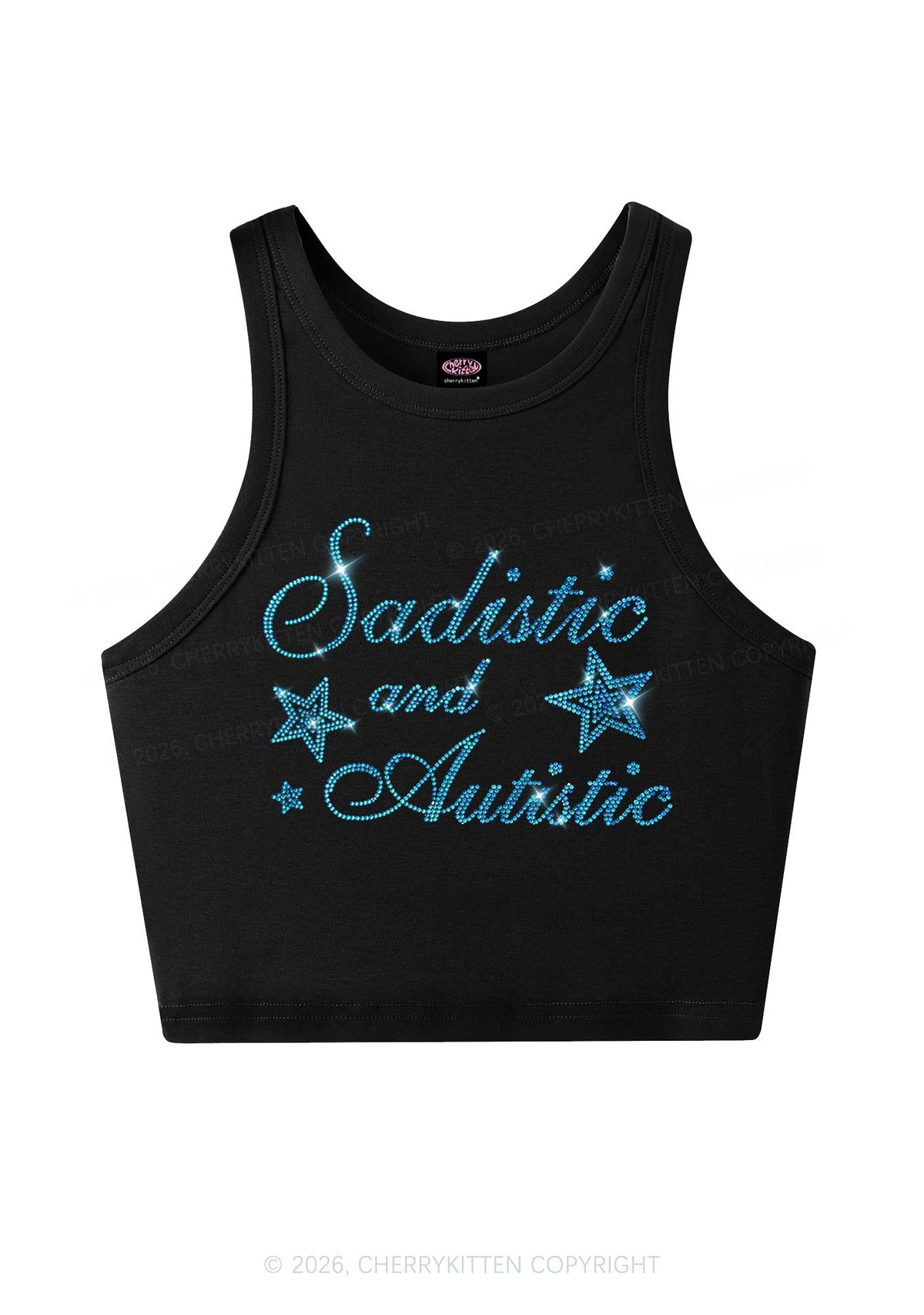 Rhinestone Sadistic And Autistic Y2K Crop Tank Top Cherrykitten