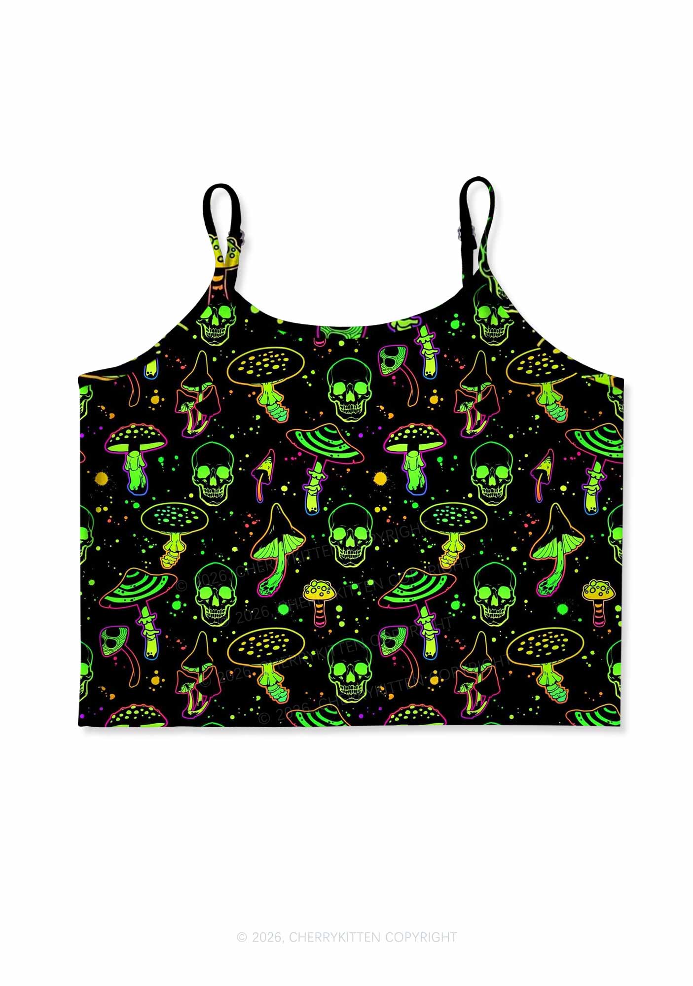 Neon Skull Mushroom Y2K Print Cami Crop Top Cherrykitten