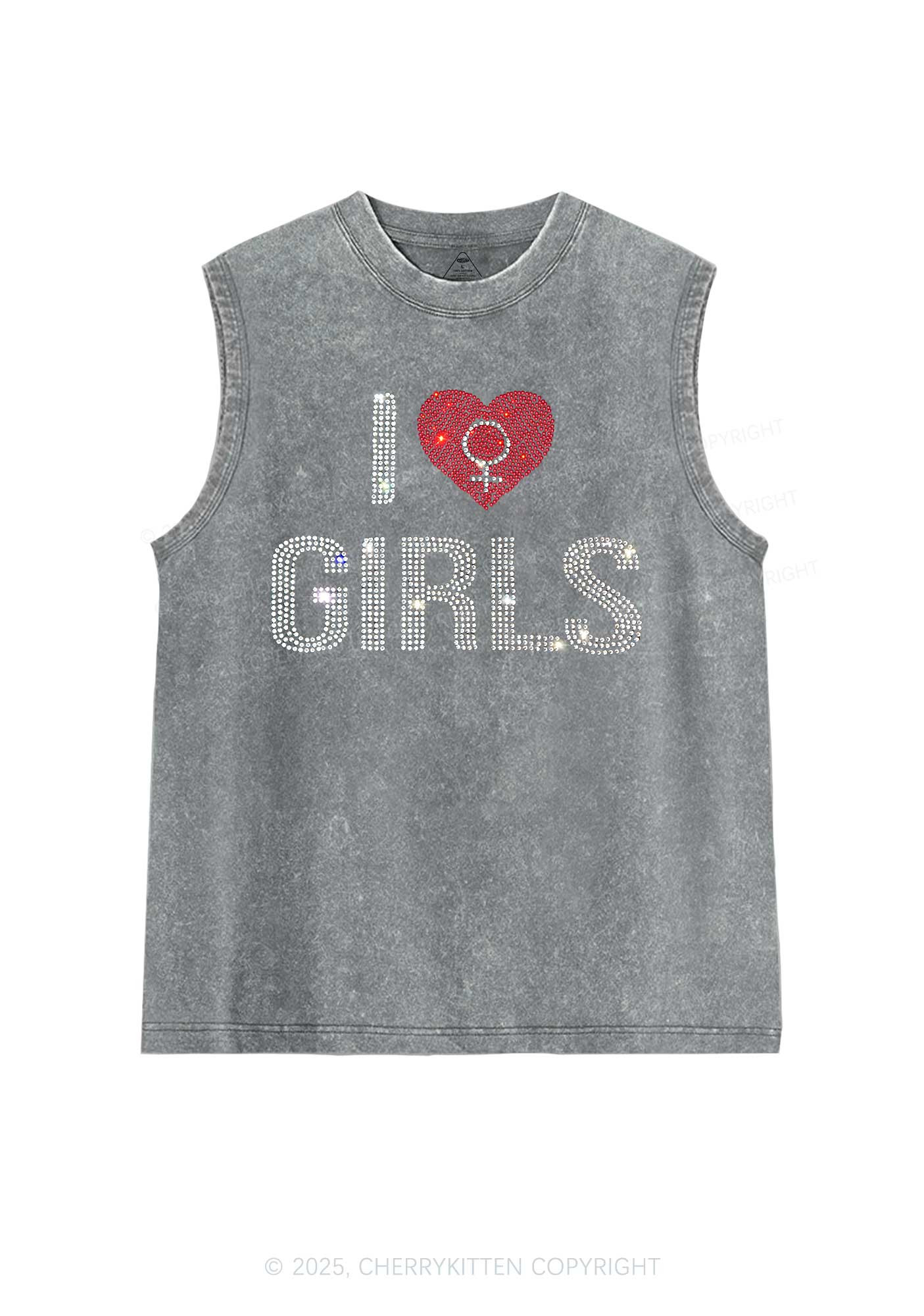 Rhinestone I Love Girls Pride Y2K Washed Muscle Tank Cherrykitten