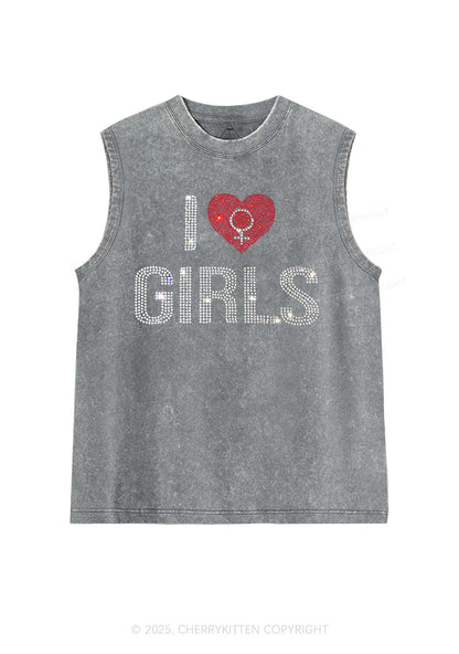 Rhinestone I Love Girls Pride Y2K Washed Muscle Tank Cherrykitten