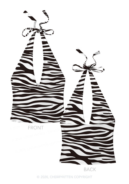 Classic Zebra Stripes Y2K Print Halter Deep V Neck Cami Cherrykitten