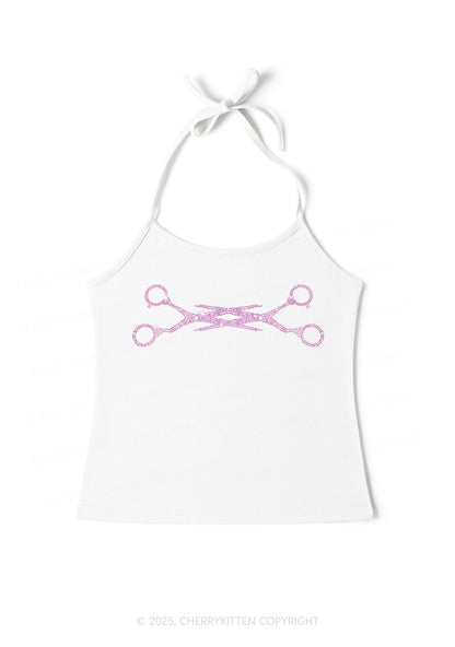 Rhinestone Pink Scissor Pride Y2K Halter Neck Cami Cherrykitten