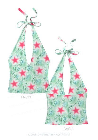 Mint Green Rose Pink Star Y2K Print Halter Deep V Neck Cami Cherrykitten