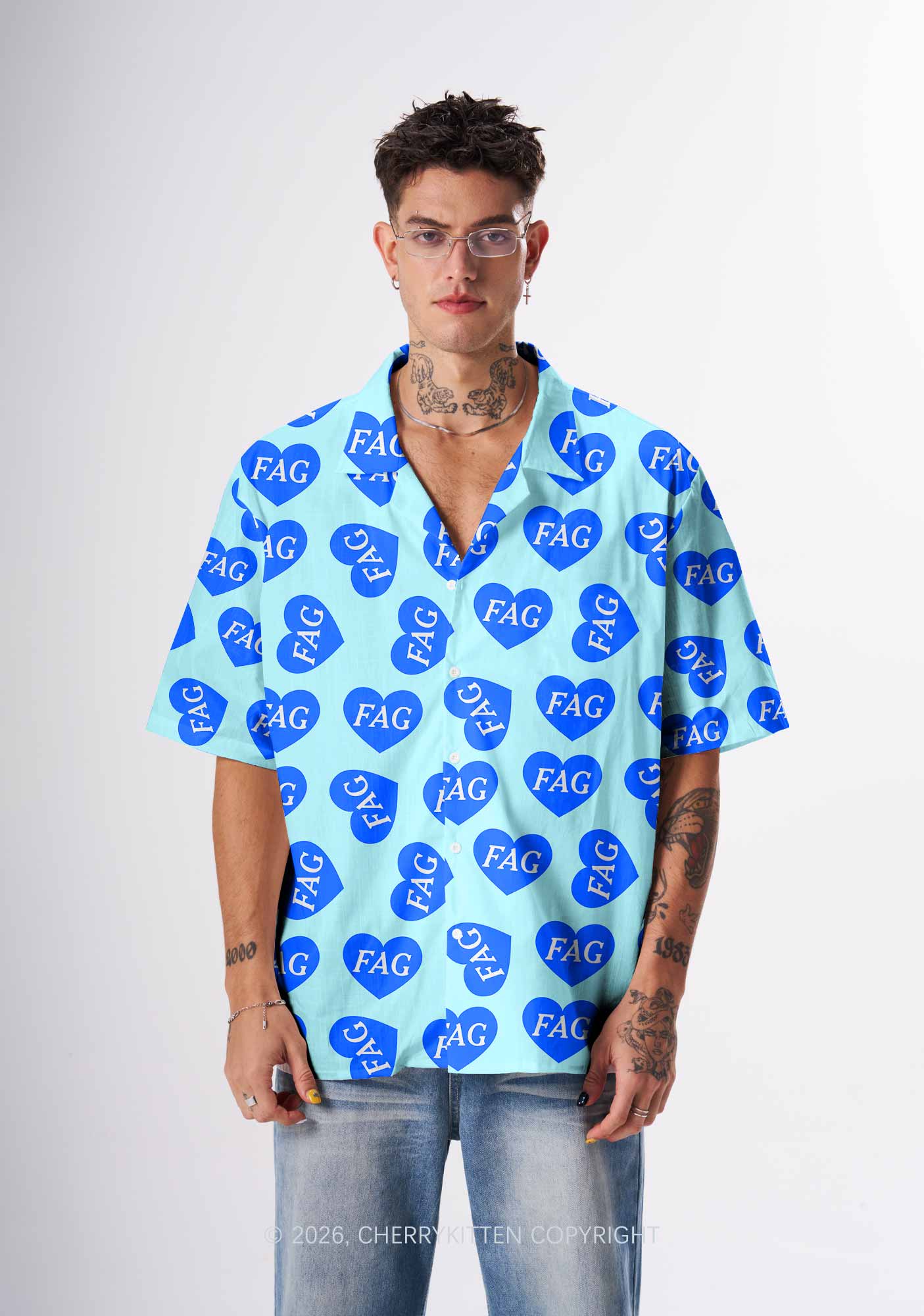 Blue Heart Fag Y2K Print Hawaiian Shirt Cherrykitten