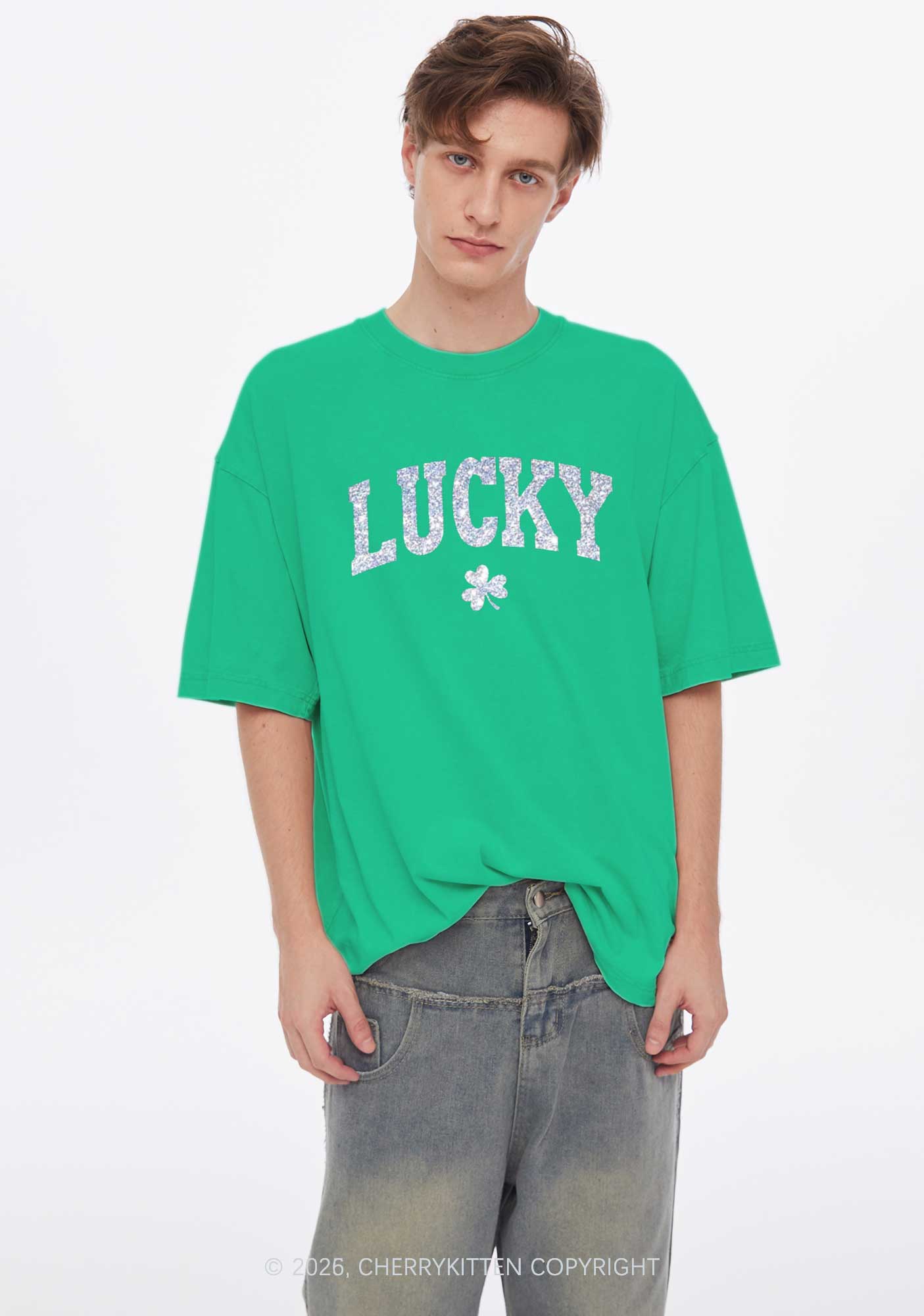 Glitter Lucky Shamrock St Patricks Y2K Shirts Washed Tee Cherrykitten