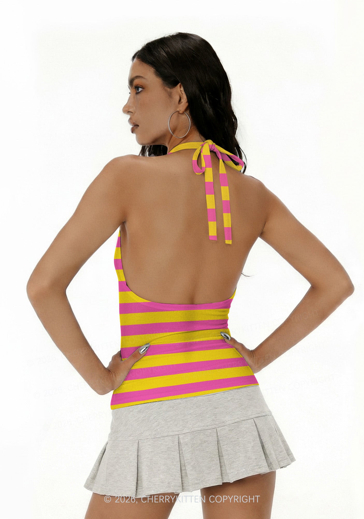 Pink And Yellow Stripes Y2K Print Halter Deep V Neck Cami Cherrykitten